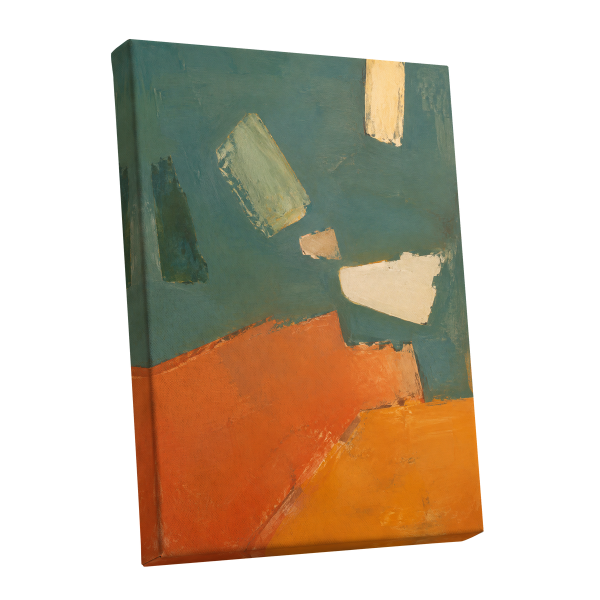 Ochre Drift, green, orange, yellow abstract wall art shown as a stretched canvas wall art
