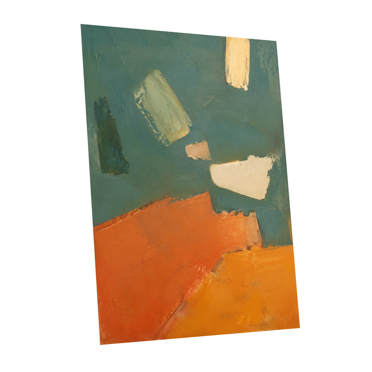 Ochre Drift, green, orange, yellow abstract wall art shown as a unframed poster wall art print