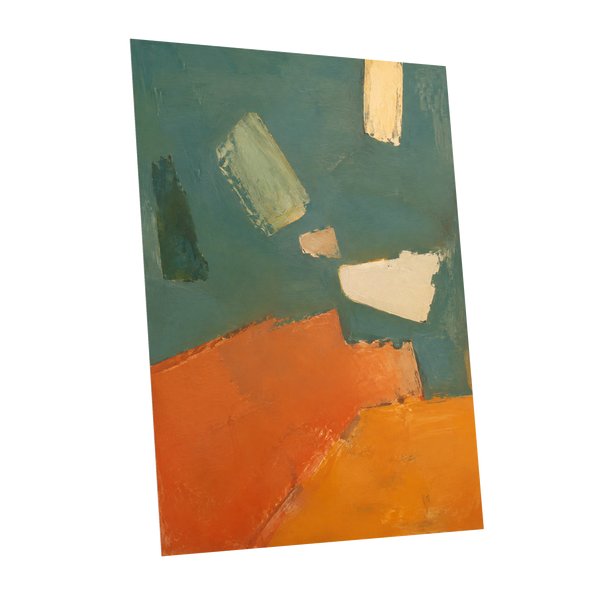 Ochre Drift, green, orange, yellow abstract wall art shown as a unframed poster wall art print