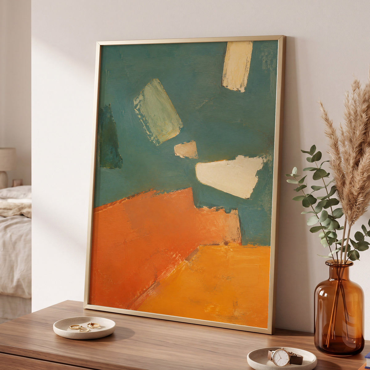 Ochre Drift, green, orange, yellow abstract wall art displayed in a styled interior, gallery view 2
