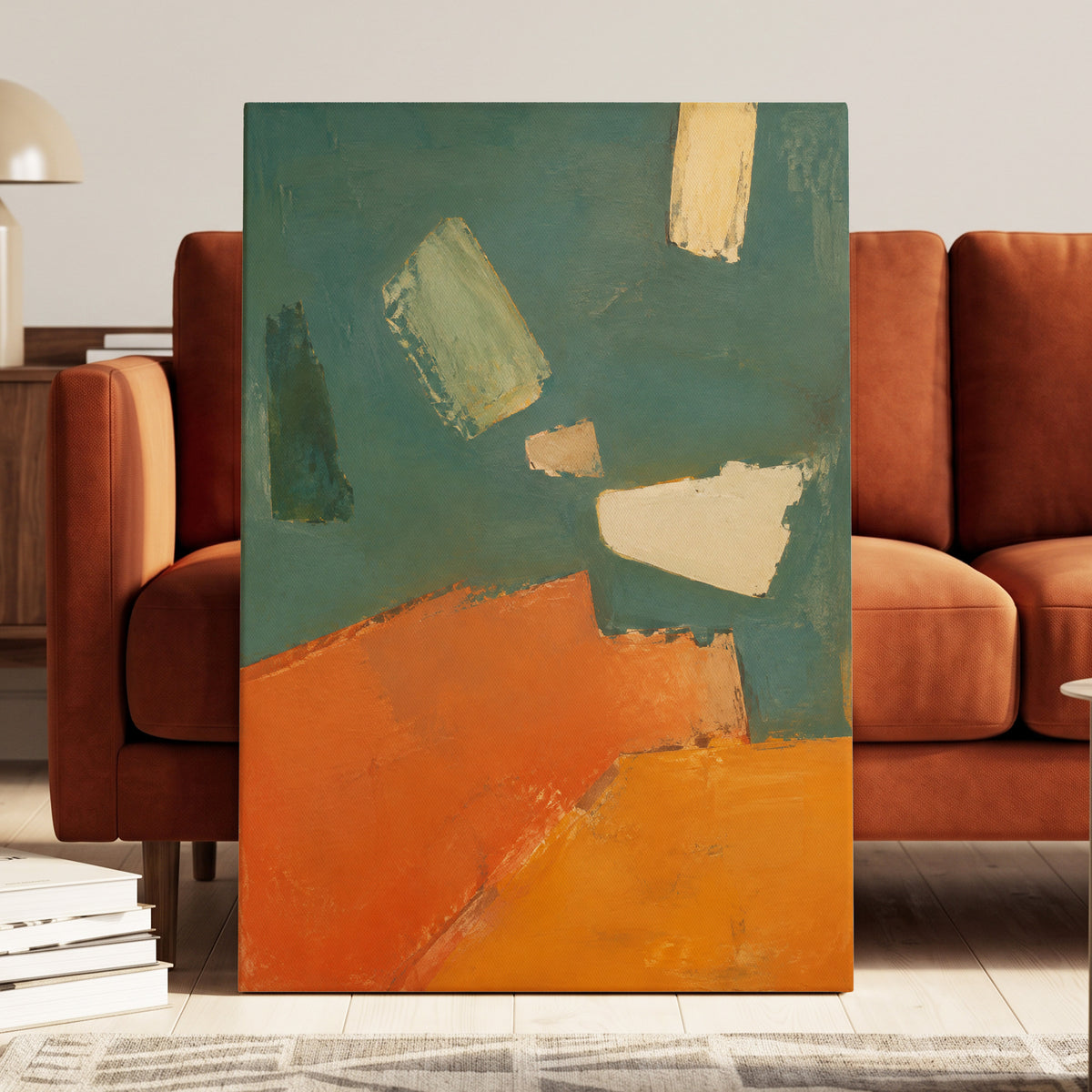 Ochre Drift, green, orange, yellow abstract wall art displayed in a styled interior, gallery view 3