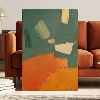 Ochre Drift, green, orange, yellow abstract wall art displayed in a styled interior, gallery view 3