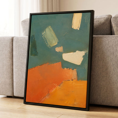 Ochre Drift, green, orange, yellow abstract wall art displayed in a styled interior, gallery view 4