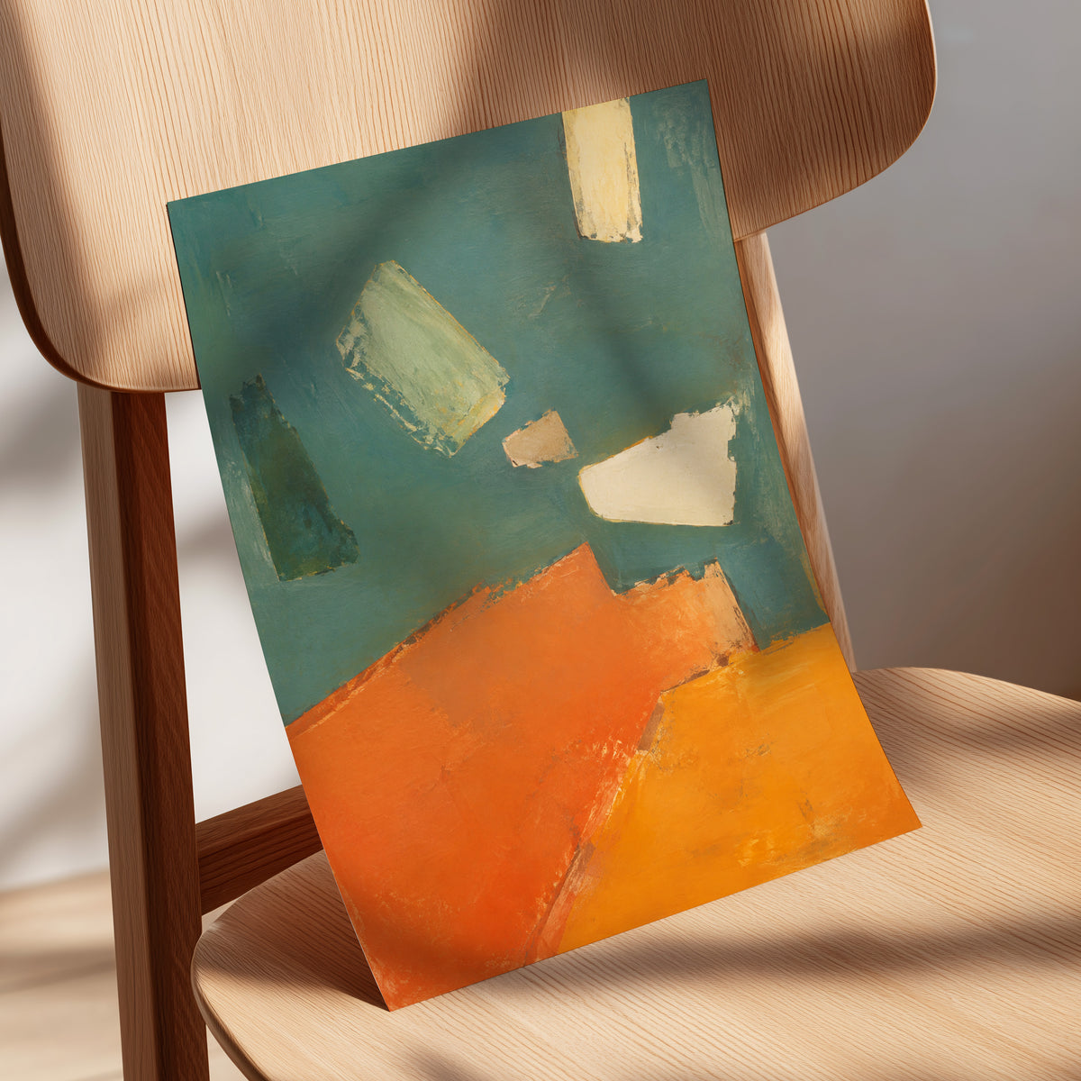 Ochre Drift, green, orange, yellow abstract wall art displayed in a styled interior, gallery view 5