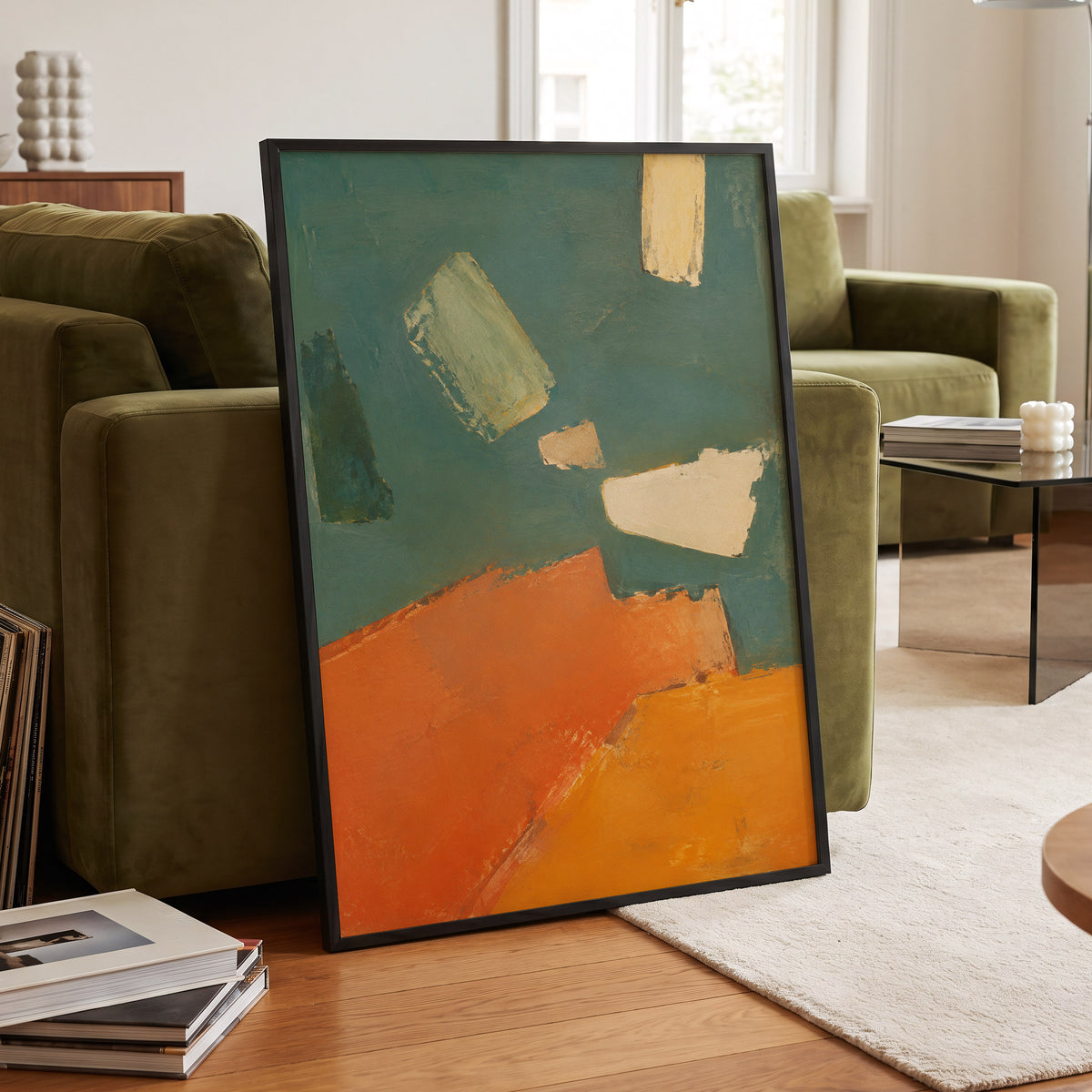 Ochre Drift, green, orange, yellow abstract wall art displayed in a styled interior, gallery view 6