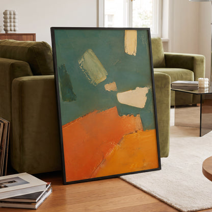 Ochre Drift, green, orange, yellow abstract wall art displayed in a styled interior, gallery view 6