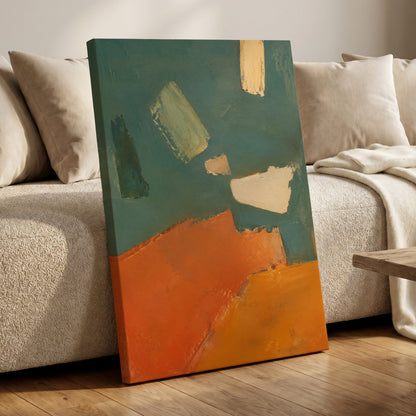 Ochre Drift, green, orange, yellow abstract wall art displayed in a styled interior, gallery view 7