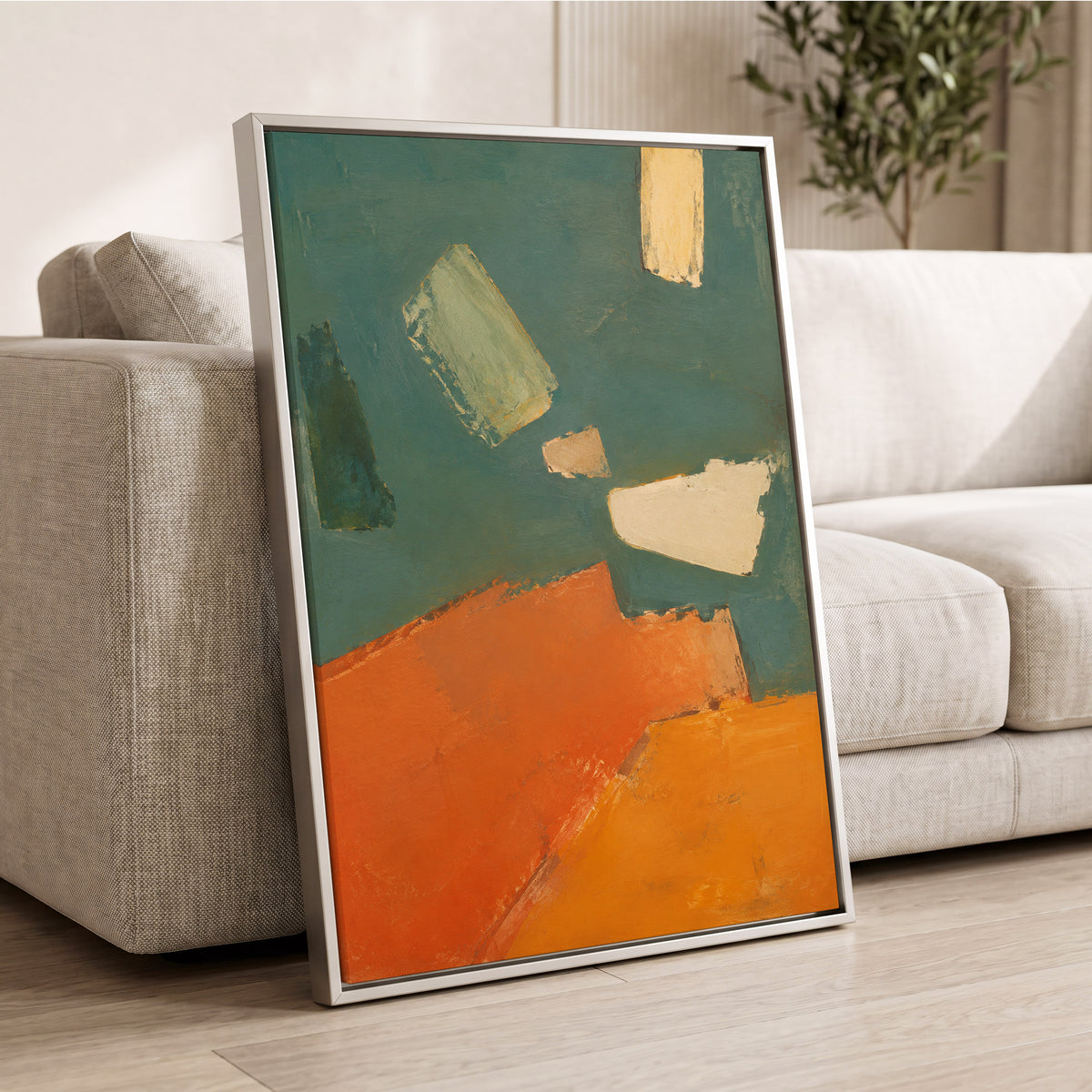 Ochre Drift, green, orange, yellow abstract wall art displayed in a styled interior, gallery view 8