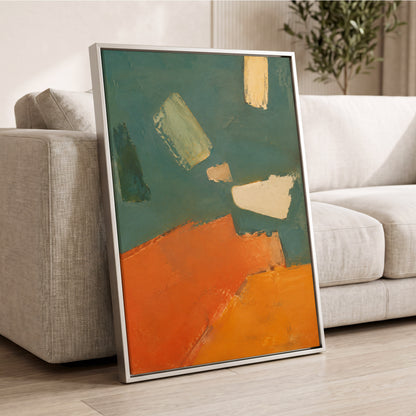 Ochre Drift, green, orange, yellow abstract wall art displayed in a styled interior, gallery view 8