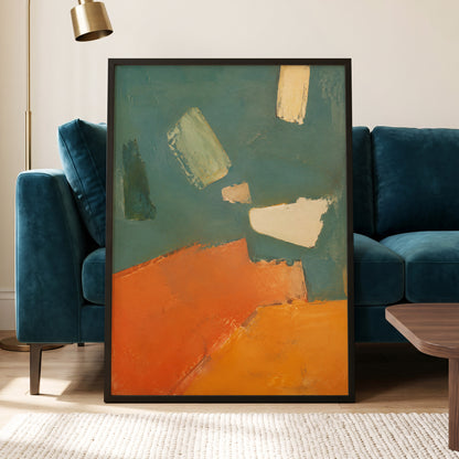 Ochre Drift, green, orange, yellow abstract wall art displayed in a styled interior, gallery view 9