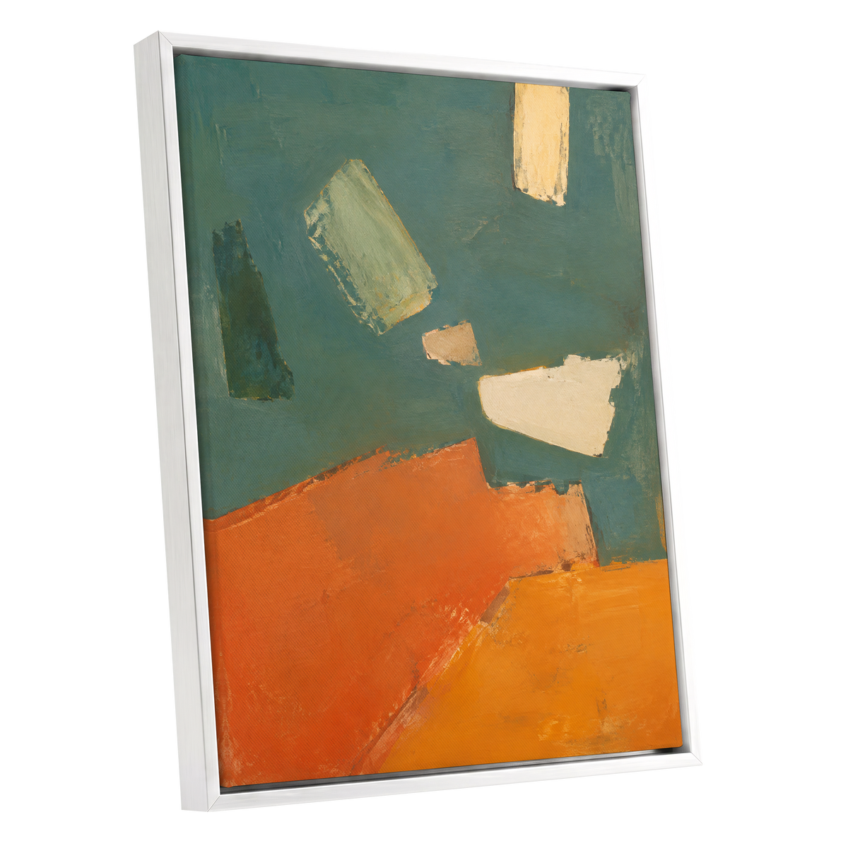 Ochre Drift, green, orange, yellow abstract wall art shown as a white framed canvas wall art