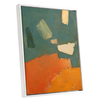 Ochre Drift, green, orange, yellow abstract wall art shown as a white framed canvas wall art