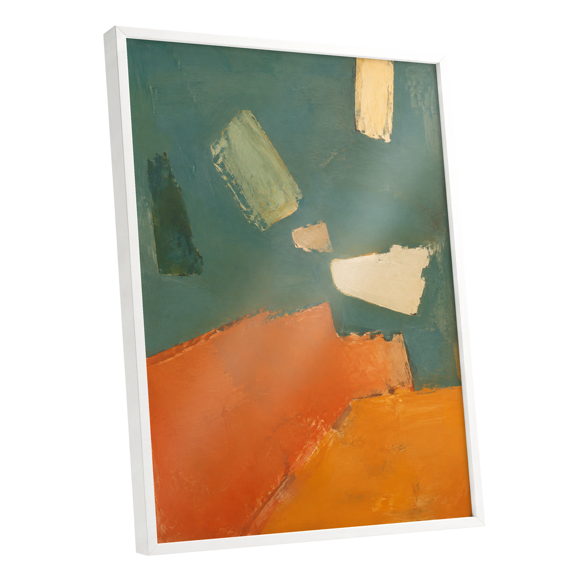 Ochre Drift, green, orange, yellow abstract wall art shown as a white framed poster wall art print