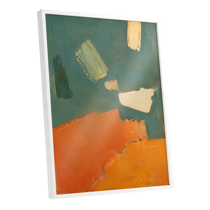 Ochre Drift, green, orange, yellow abstract wall art shown as a white framed poster wall art print