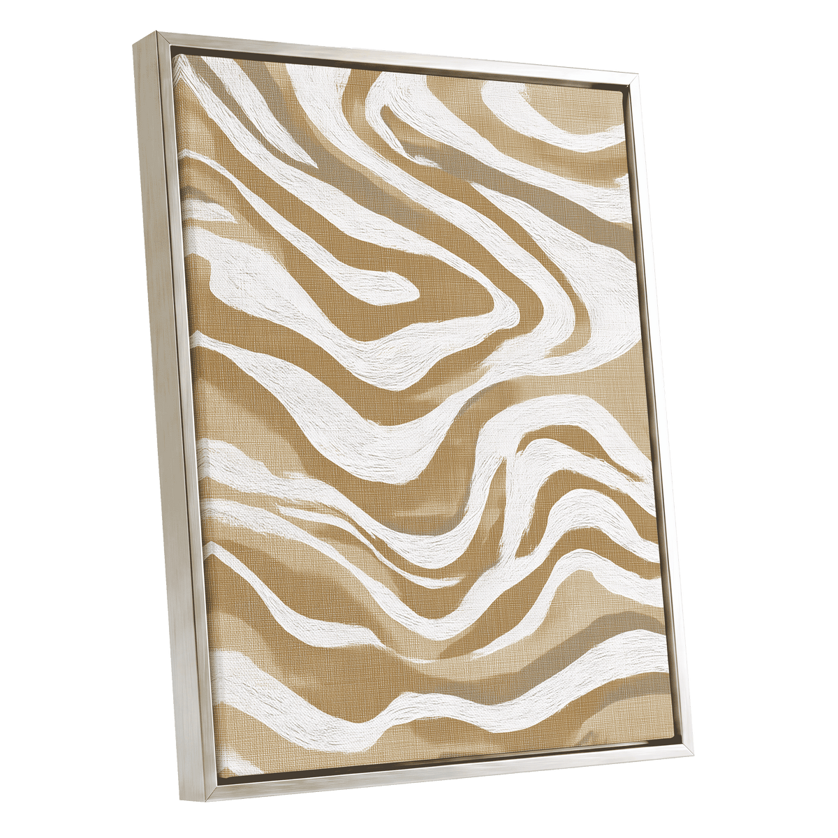 Ochre Flow Abstract: a framed abstract canvas print featuring wavy, flowing lines in beige, tan, and white, housed in a light-colored frame.