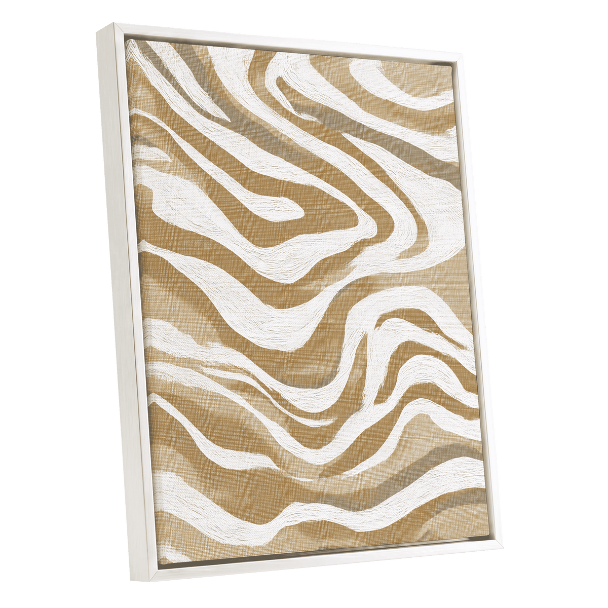 Ochre Flow Abstract: a framed abstract wall art print featuring wavy, zebra-like organic lines in beige, taupe, and white, set in a clean white frame against a white background.