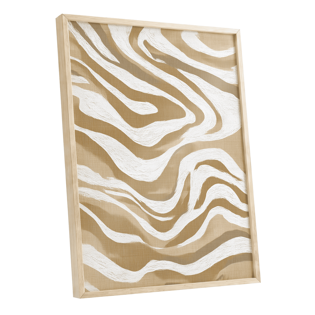 Ochre Flow Abstract: framed abstract wall art featuring a zebra-like wavy pattern in white and warm tan on a light wood frame, shown against a plain white background.