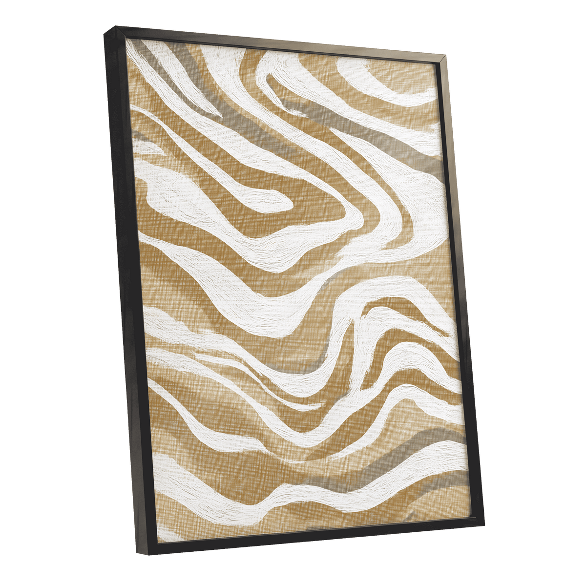 Ochre Flow Abstract: framed abstract wall art featuring wavy, layered zebra-like patterns in beige, white, and taupe tones, presented in a black frame against a plain white background.