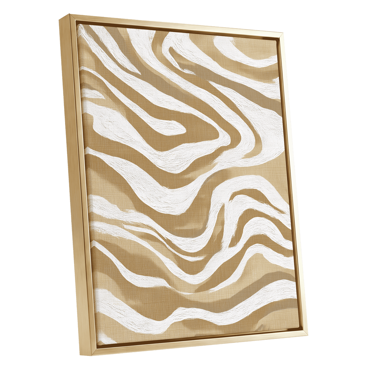 Ochre Flow Abstract: framed abstract wall art featuring wavy zebra-like stripes in white and warm tan on a textured canvas, set in a light wood frame against a plain white background.