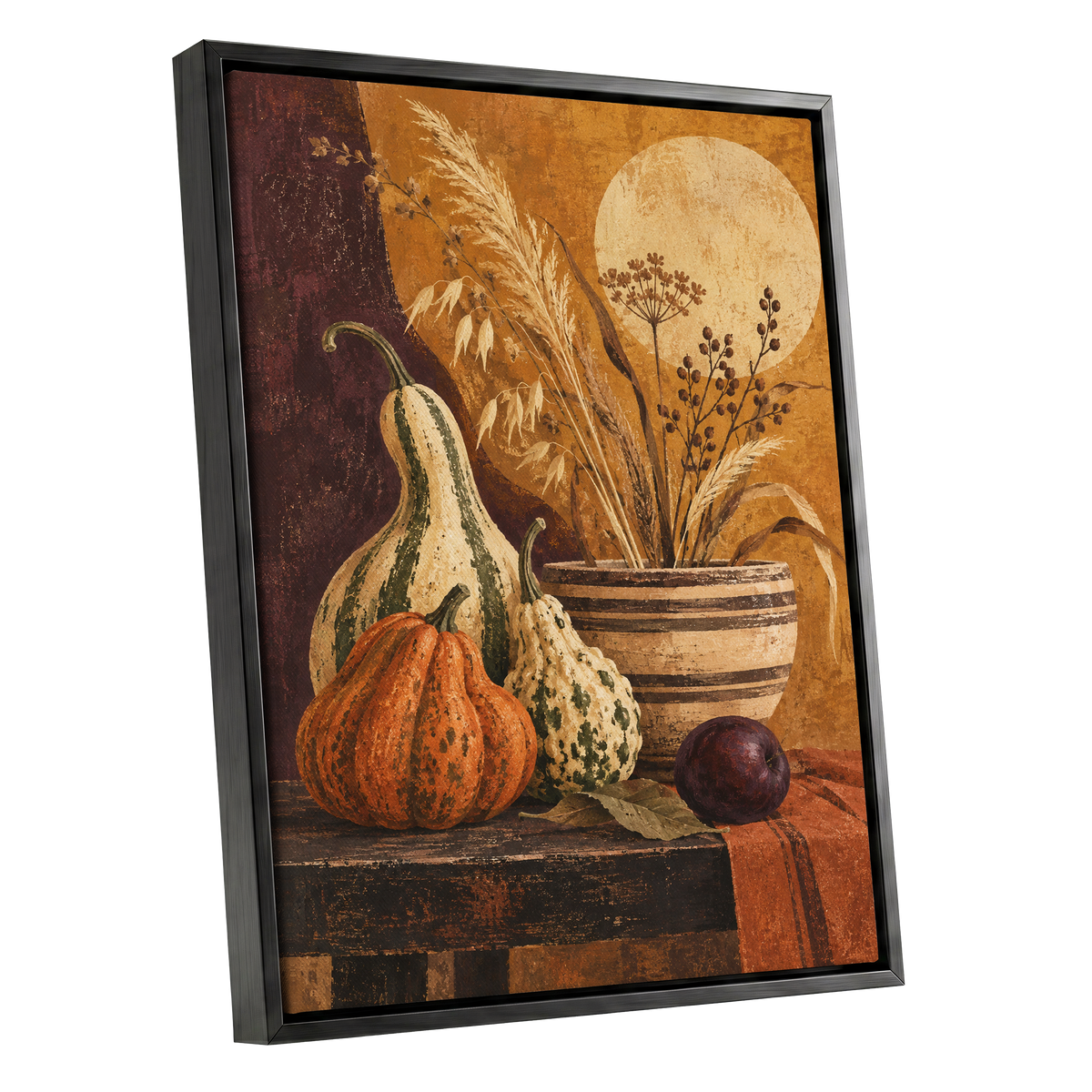 Ochre Harvest, orange, beige, brown nature wall art shown as a black framed canvas wall art