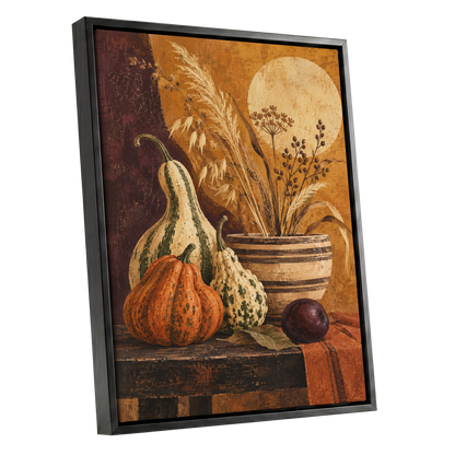 Ochre Harvest, orange, beige, brown nature wall art shown as a black framed canvas wall art