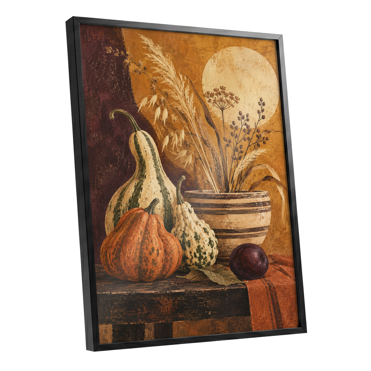 Ochre Harvest, orange, beige, brown nature wall art shown as a black framed poster wall art print