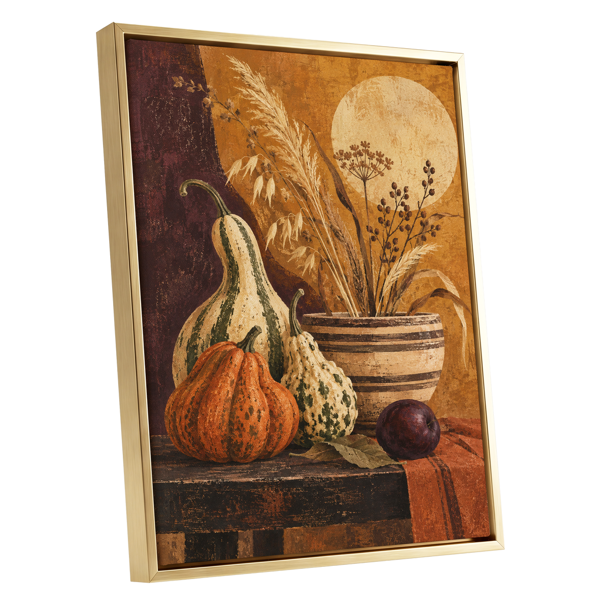 Ochre Harvest, orange, beige, brown nature wall art shown as a gold framed canvas wall art