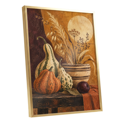 Ochre Harvest, orange, beige, brown nature wall art shown as a gold framed poster wall art print