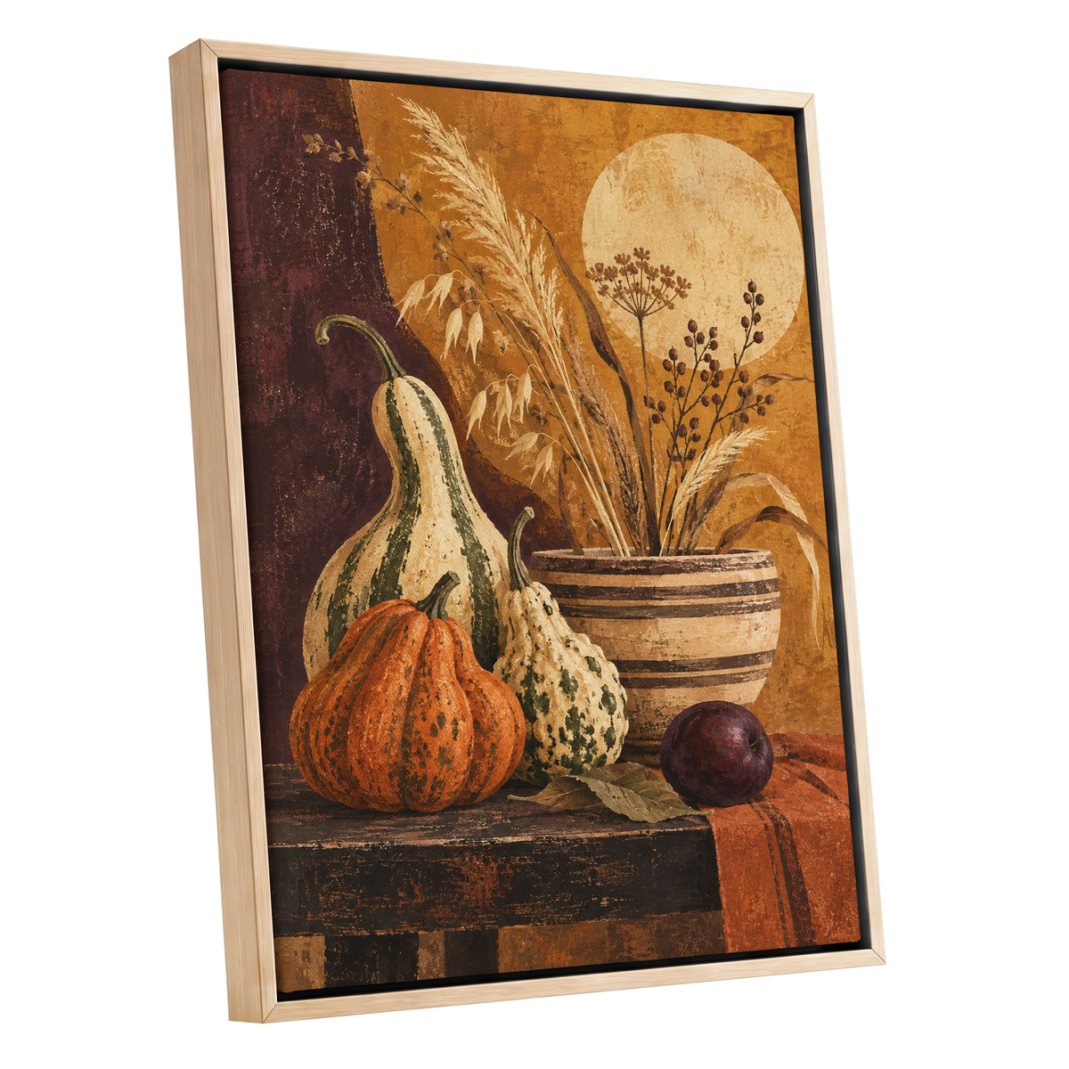 Ochre Harvest, orange, beige, brown nature wall art shown as a oak framed canvas wall art