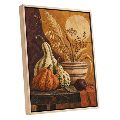 Ochre Harvest, orange, beige, brown nature wall art shown as a oak framed canvas wall art