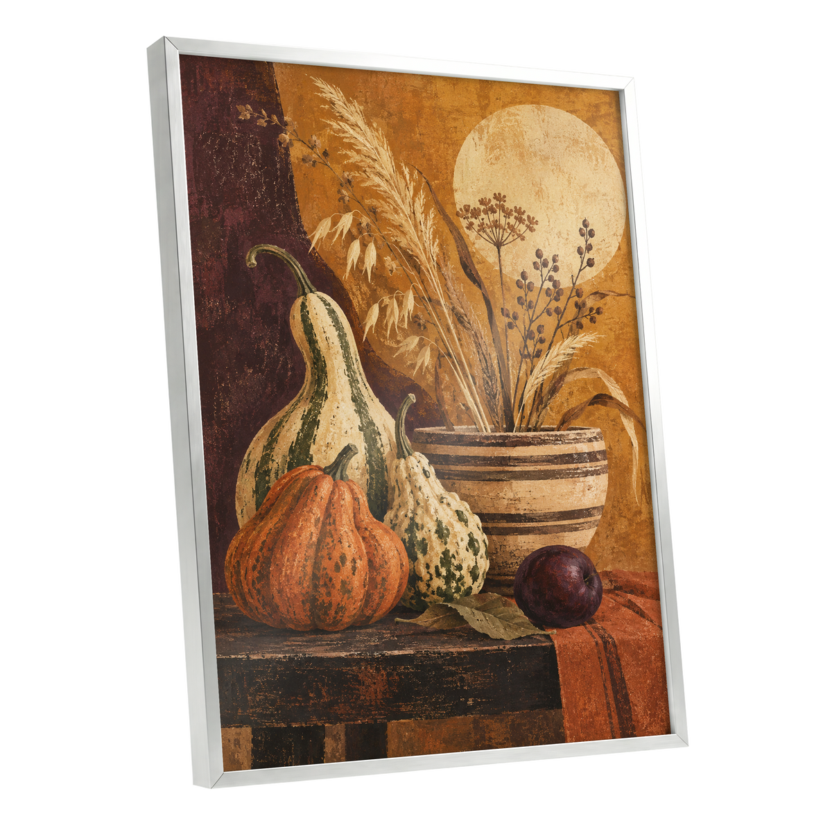 Ochre Harvest, orange, beige, brown nature wall art shown as a silver framed poster wall art print