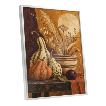 Ochre Harvest, orange, beige, brown nature wall art shown as a silver framed poster wall art print