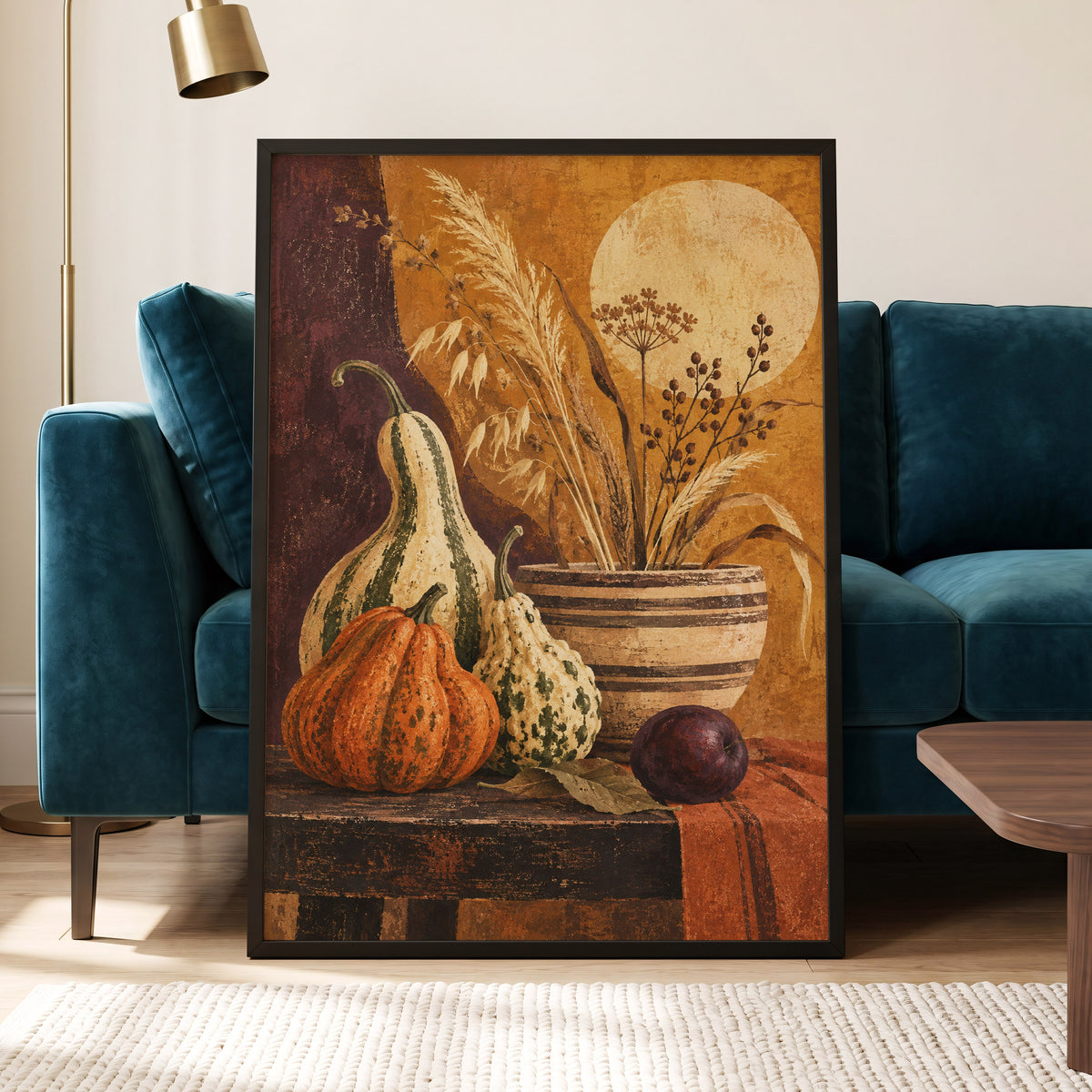 Ochre Harvest, orange, beige, brown nature wall art displayed in a styled interior, gallery view 2