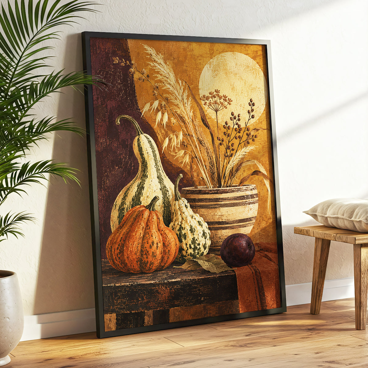 Ochre Harvest, orange, beige, brown nature wall art displayed in a styled interior, gallery view 6