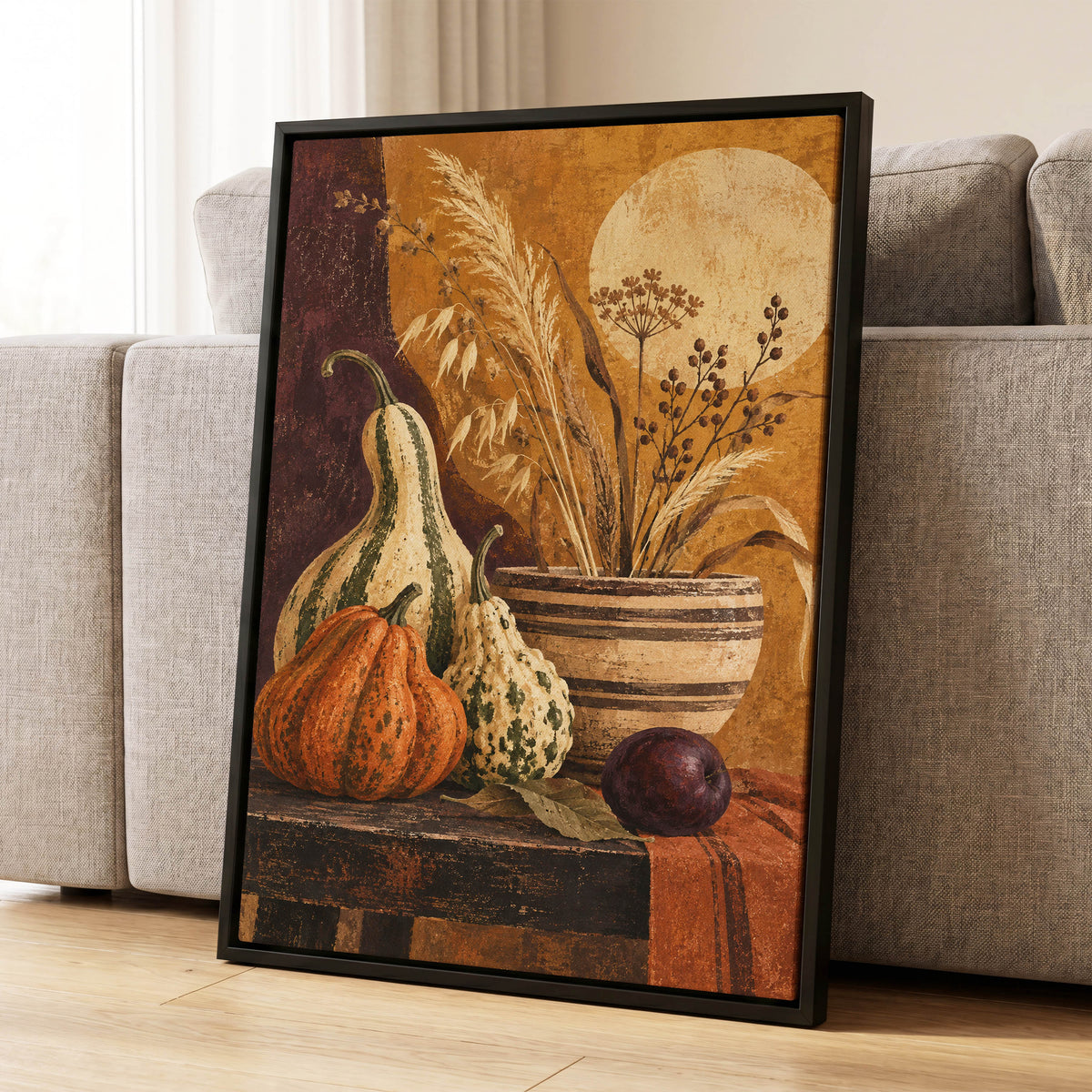 Ochre Harvest, orange, beige, brown nature wall art displayed in a styled interior, gallery view 8