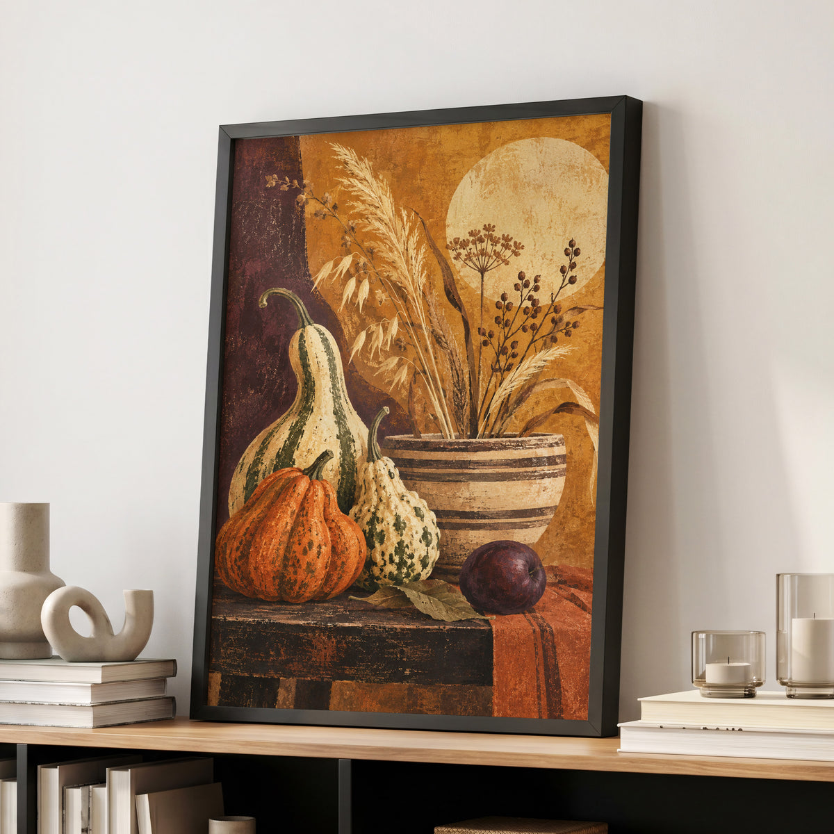 Ochre Harvest, orange, beige, brown nature wall art displayed in a styled interior, gallery view 9