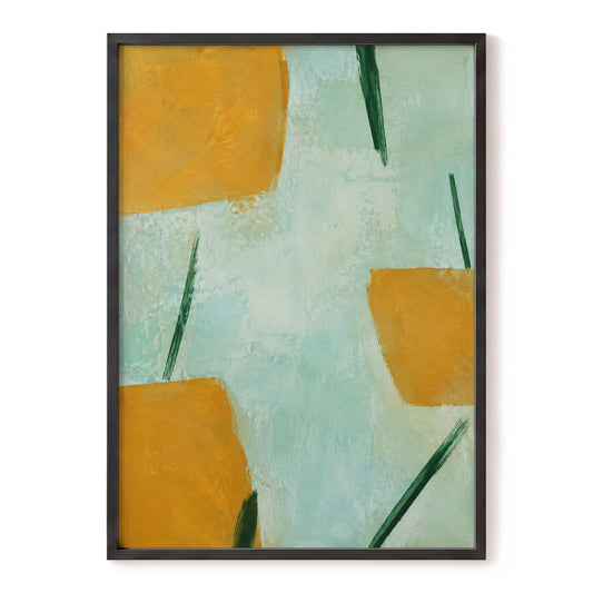 Ochre Intervals, yellow, green, blue abstract wall art, front artwork view
