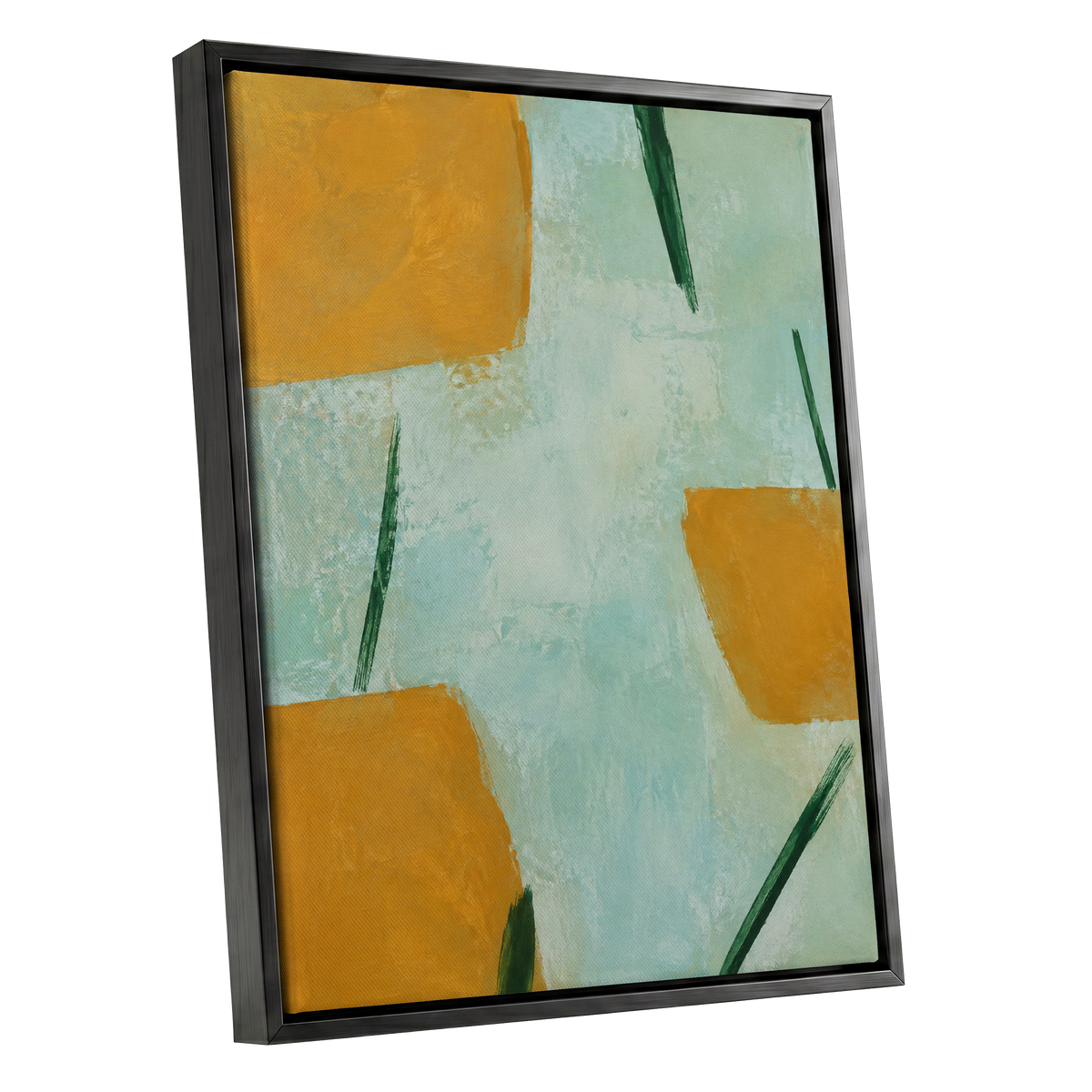Ochre Intervals, yellow, green, blue abstract wall art shown as a black framed canvas wall art