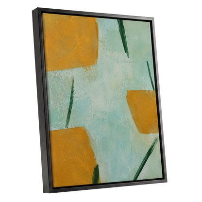 Ochre Intervals, yellow, green, blue abstract wall art shown as a black framed canvas wall art