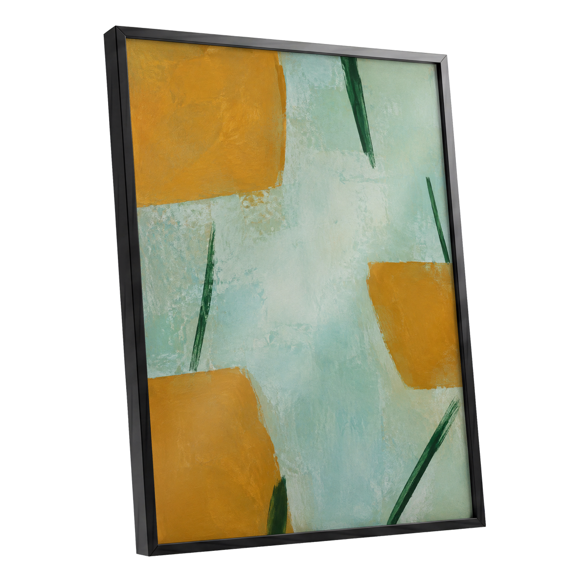 Ochre Intervals, yellow, green, blue abstract wall art shown as a black framed poster wall art print