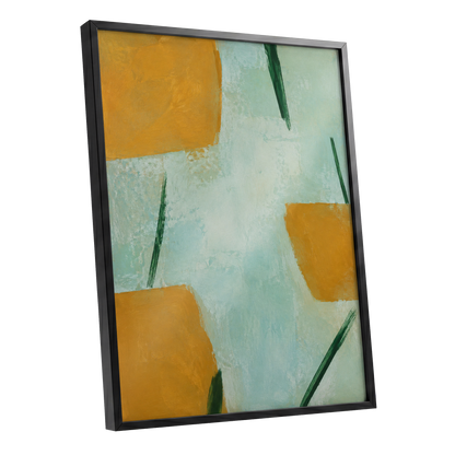 Ochre Intervals, yellow, green, blue abstract wall art shown as a black framed poster wall art print