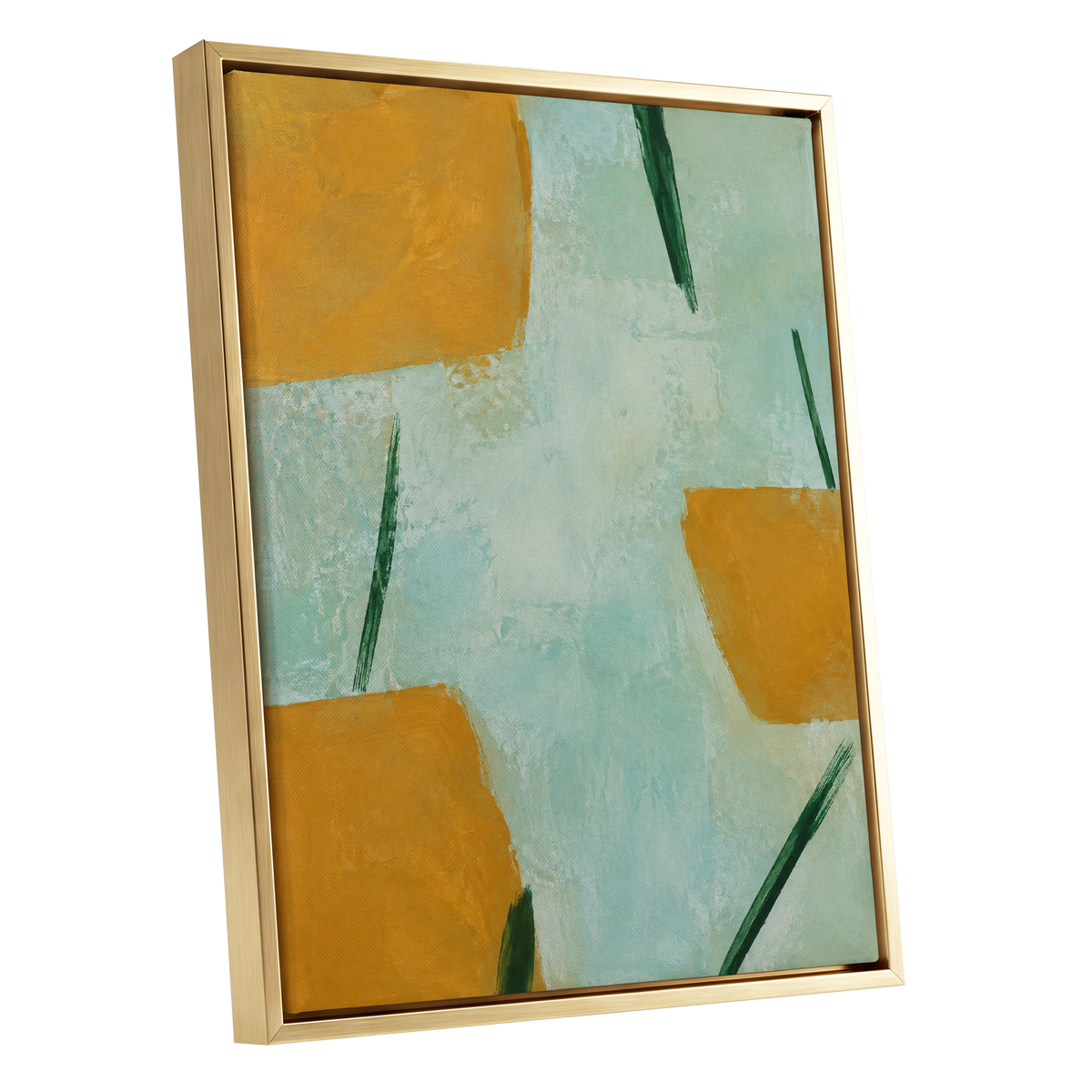 Ochre Intervals, yellow, green, blue abstract wall art shown as a gold framed canvas wall art