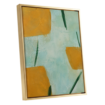 Ochre Intervals, yellow, green, blue abstract wall art shown as a gold framed canvas wall art