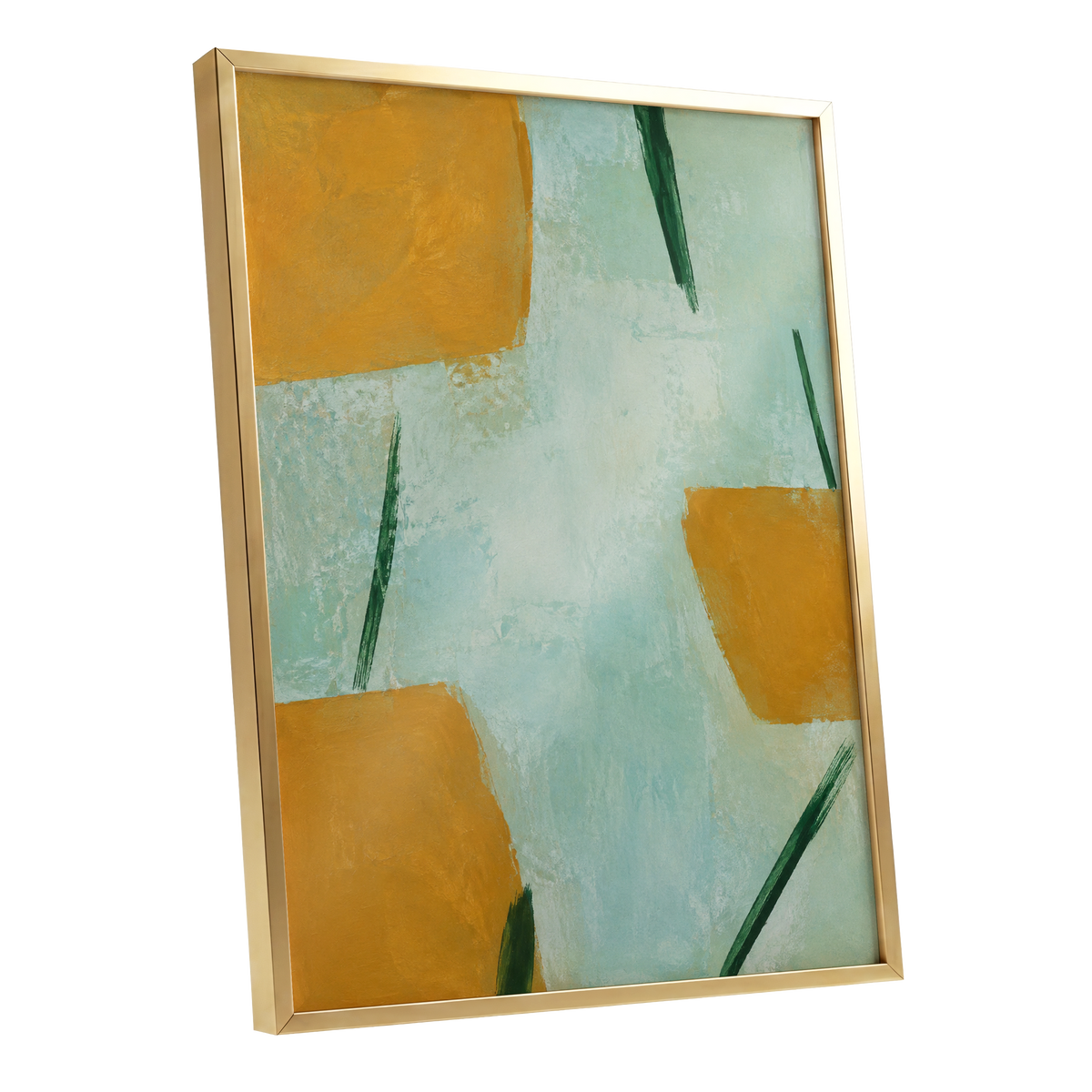 Ochre Intervals, yellow, green, blue abstract wall art shown as a gold framed poster wall art print