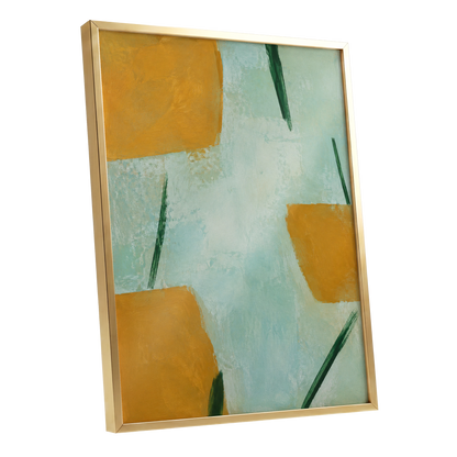 Ochre Intervals, yellow, green, blue abstract wall art shown as a gold framed poster wall art print