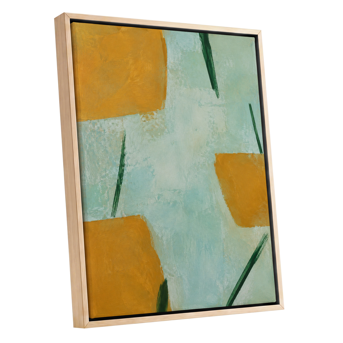 Ochre Intervals, yellow, green, blue abstract wall art shown as a oak framed canvas wall art