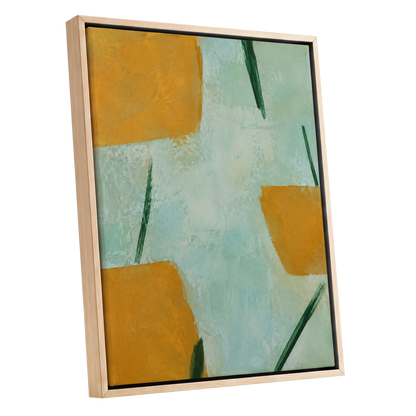 Ochre Intervals, yellow, green, blue abstract wall art shown as a oak framed canvas wall art