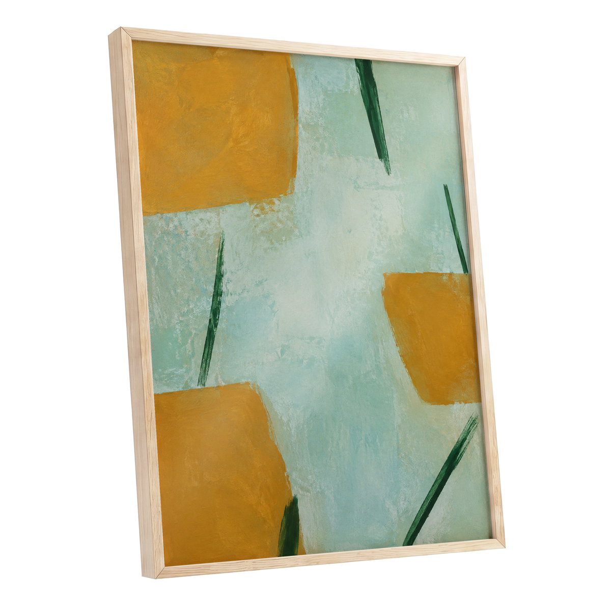 Ochre Intervals, yellow, green, blue abstract wall art shown as a oak framed poster wall art print