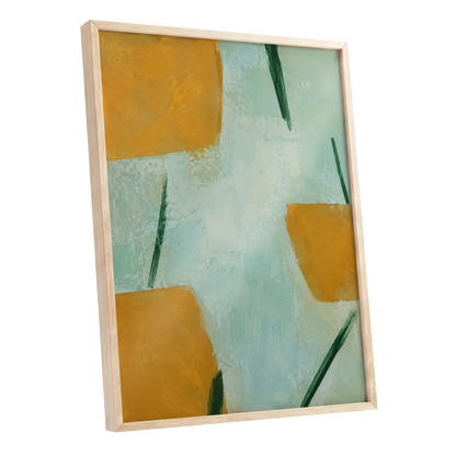 Ochre Intervals, yellow, green, blue abstract wall art shown as a oak framed poster wall art print