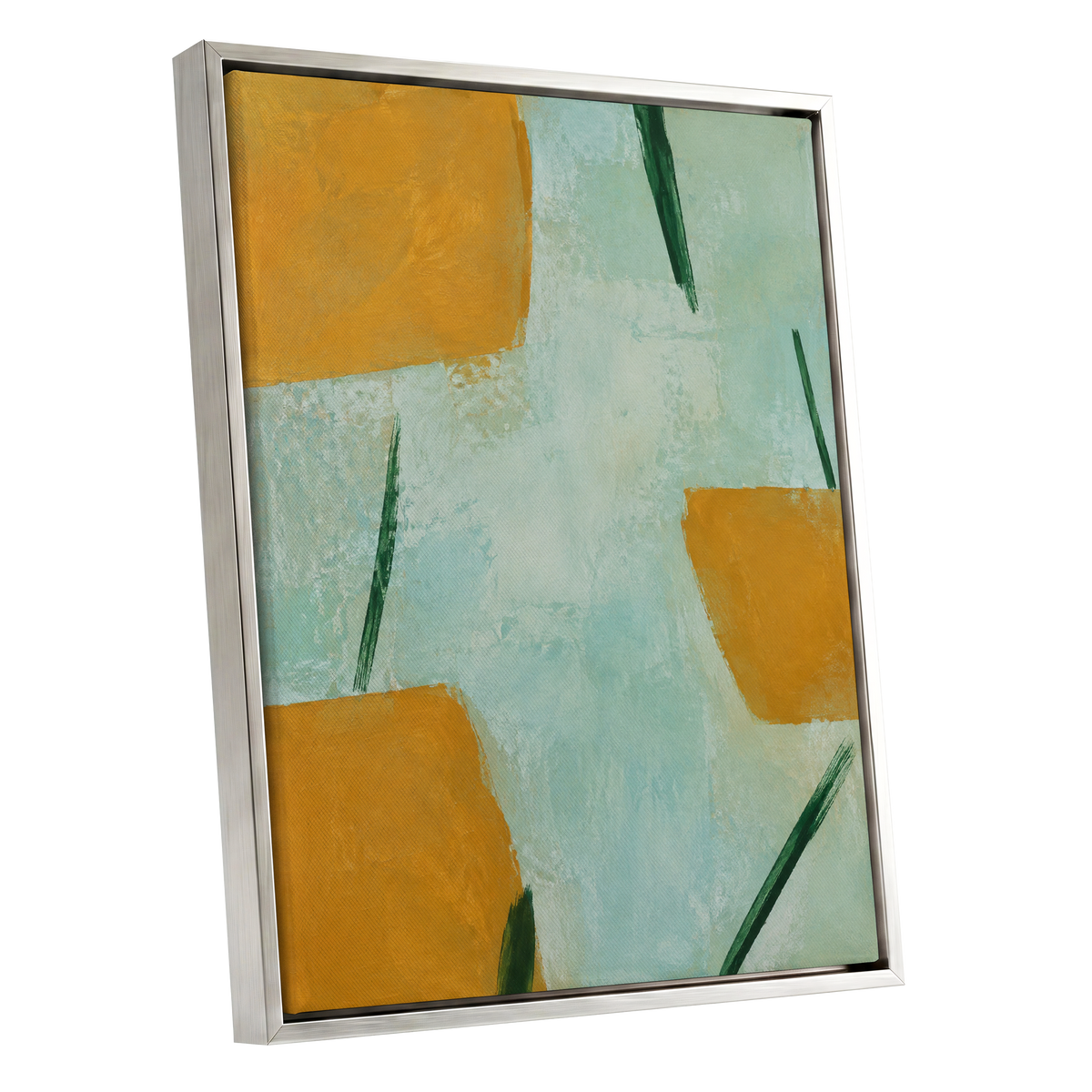 Ochre Intervals, yellow, green, blue abstract wall art shown as a silver framed canvas wall art